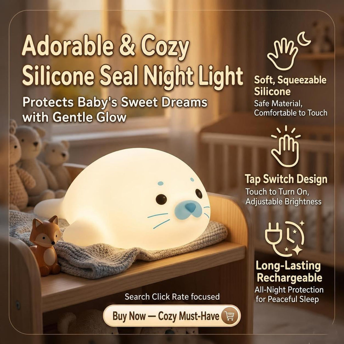 Eye Nurse LED Touch Night Light with Cute Seal Design, Dimmable Bedside Lamp for Baby and Gift