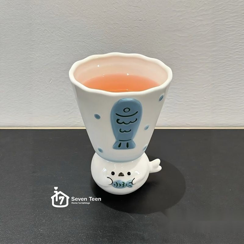 Cute Seal Ceramic Mug with Spoon, Creative Newlywed Birthday Gift