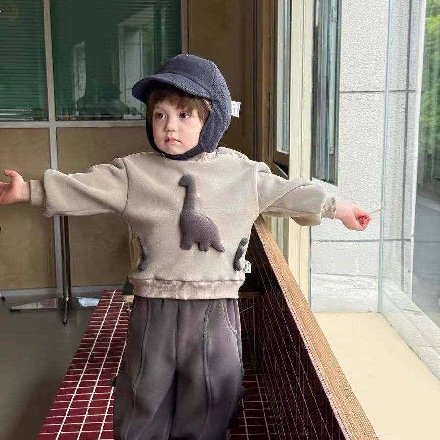 Cartoon Dinosaur Fleece Hoodie and Pants Set for Baby Boys, Winter Warm Outfit