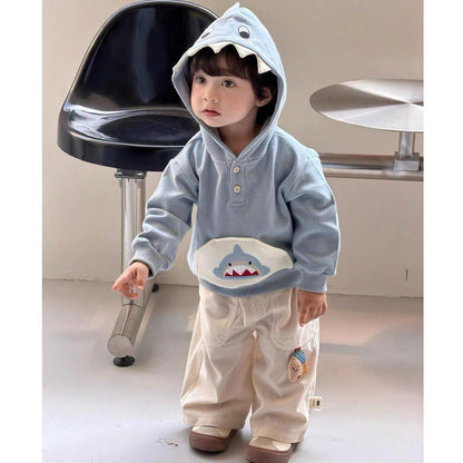 Boys' Shark Hoodie and Pants Set, Cute Cartoon Long-Sleeve Top with Beige Casual Pants, Fall Outfit