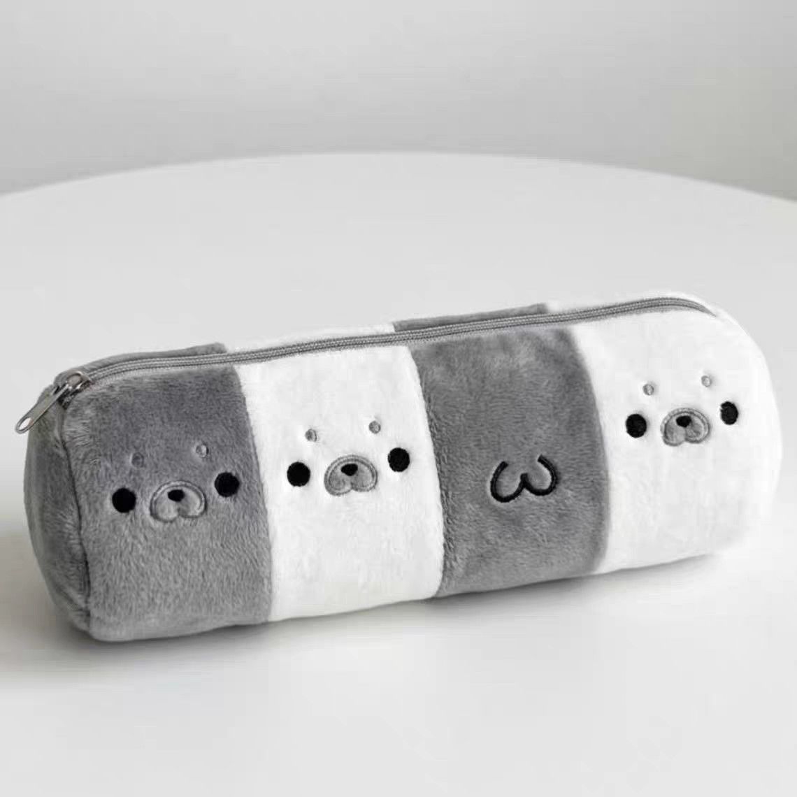 Gray and White Plaid Seal Plush Pencil Case, Simple Portable Pouch