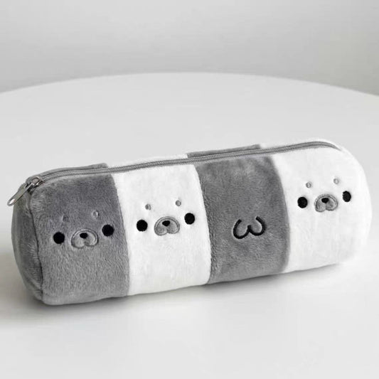 Gray and White Plaid Seal Plush Pencil Case, Simple Portable Pouch