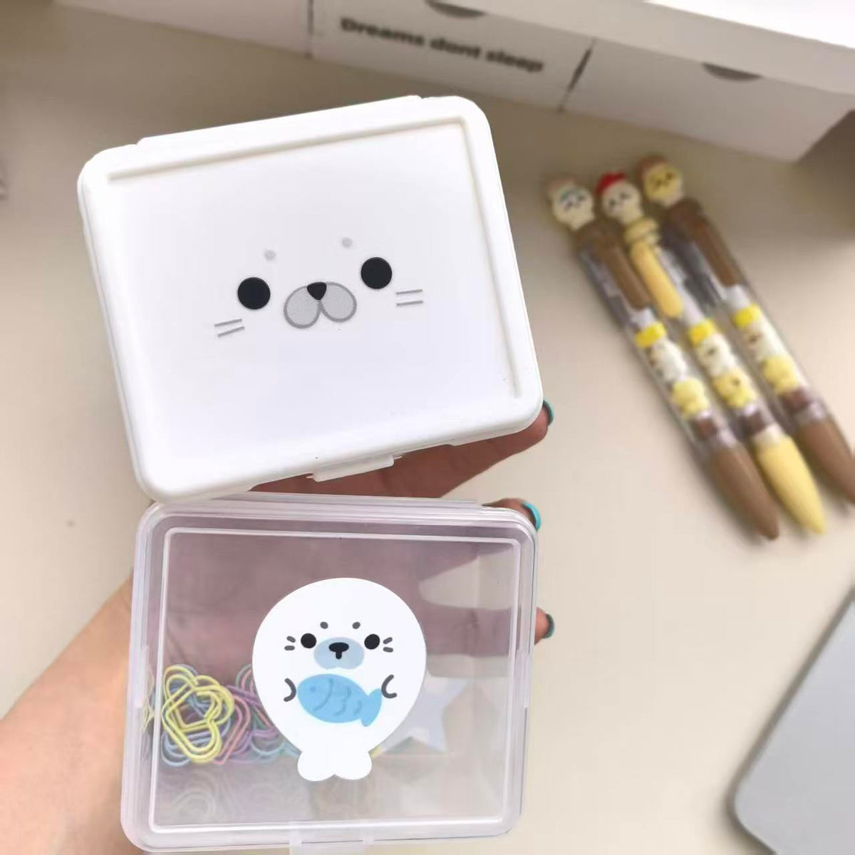 Cute Seal Flip-Top Storage Box for Cards, Hair Ties, and Clips
