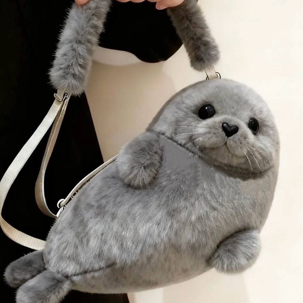 Fluffy Seal Plush Handbag in Gray or White