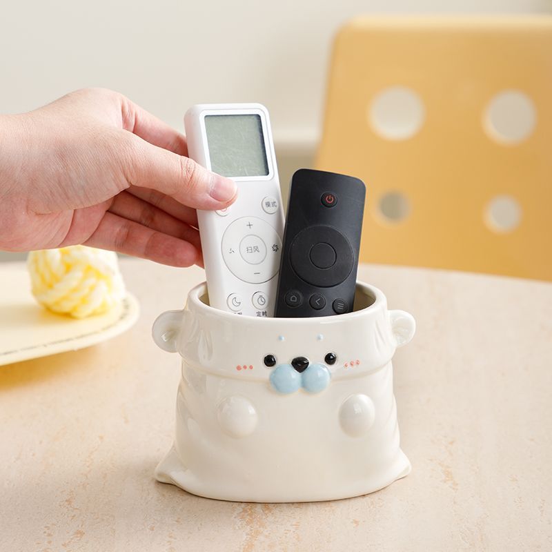 Cute Ceramic Seal Desk Organizer Pen Holder with Bag Design, Large Capacity for Makeup Brushes and Remote Controls