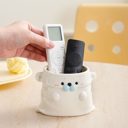 Cute Ceramic Seal Desk Organizer Pen Holder with Bag Design, Large Capacity for Makeup Brushes and Remote Controls