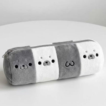 Gray and White Plaid Seal Plush Pencil Case, Simple Portable Pouch