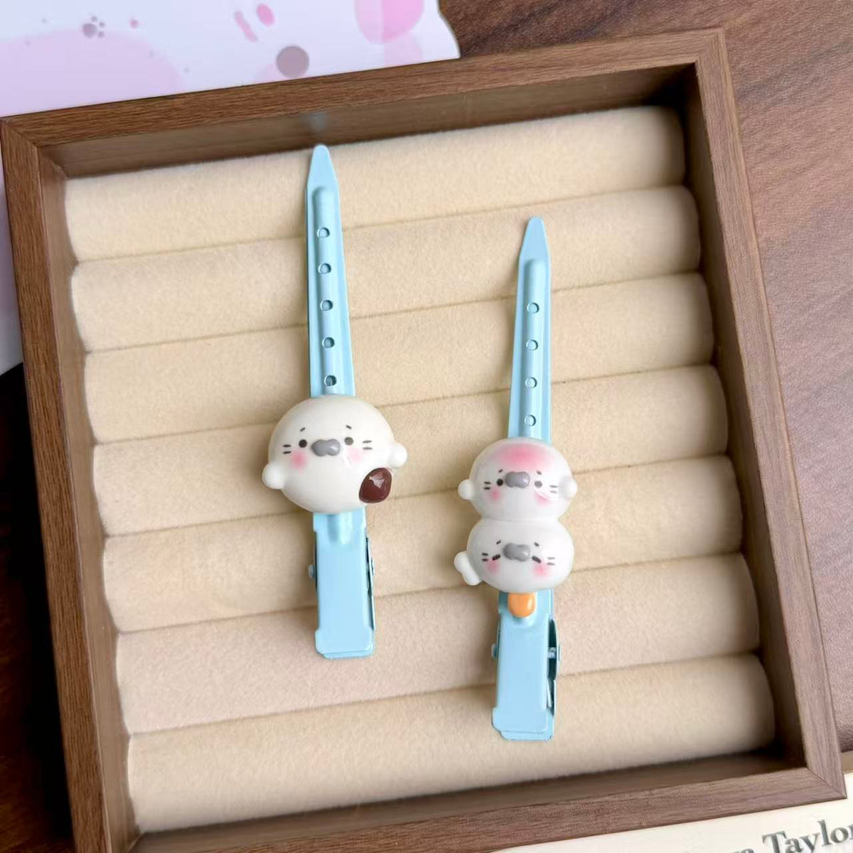 Cute Seal Cream Blue Hair Clips Set for Face Washing and Side Bangs
