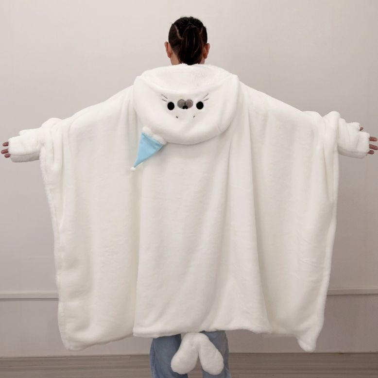 Wearable Fluffy Seal Cape Blanket with Hand Openings