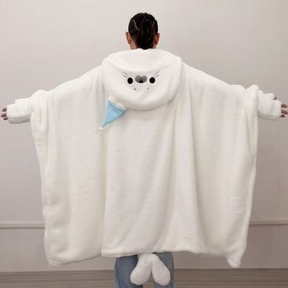 Wearable Fluffy Seal Cape Blanket with Hand Openings