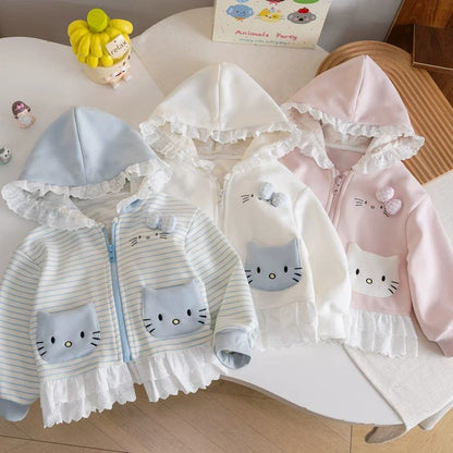 Kids' Striped Cat Hooded Cardigan with Lace Trim