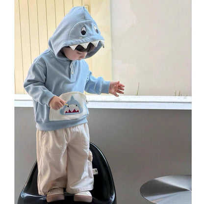 Boys' Shark Hoodie and Pants Set, Cute Cartoon Long-Sleeve Top with Beige Casual Pants, Fall Outfit