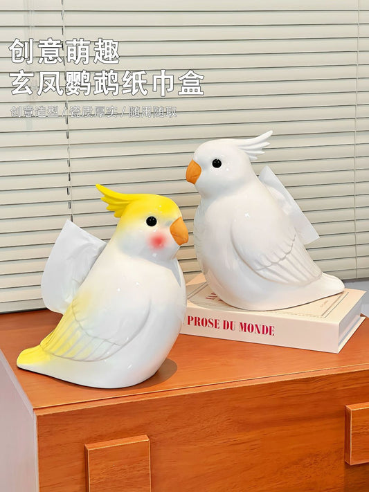 Ceramic Cockatiel Tissue Box Holder, Cute Parrot Napkin Box for Table