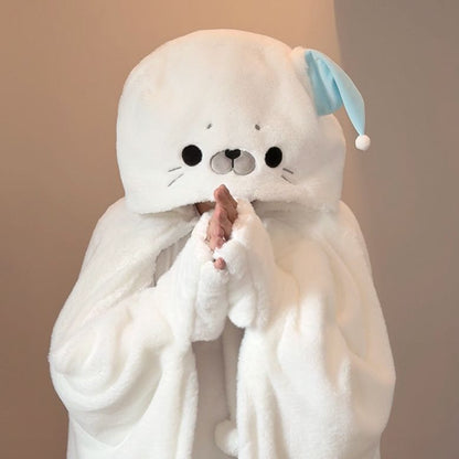 Wearable Fluffy Seal Cape Blanket with Hand Openings