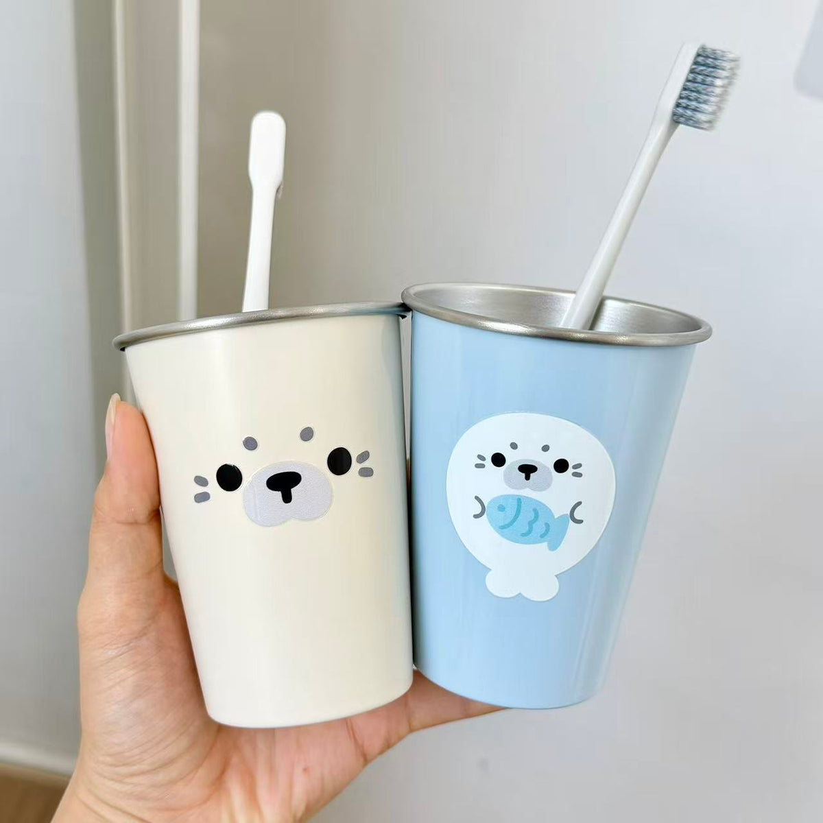 Cute Cartoon Seal 304 Stainless Steel Mouthwash Cup for Students Dorm Bathroom