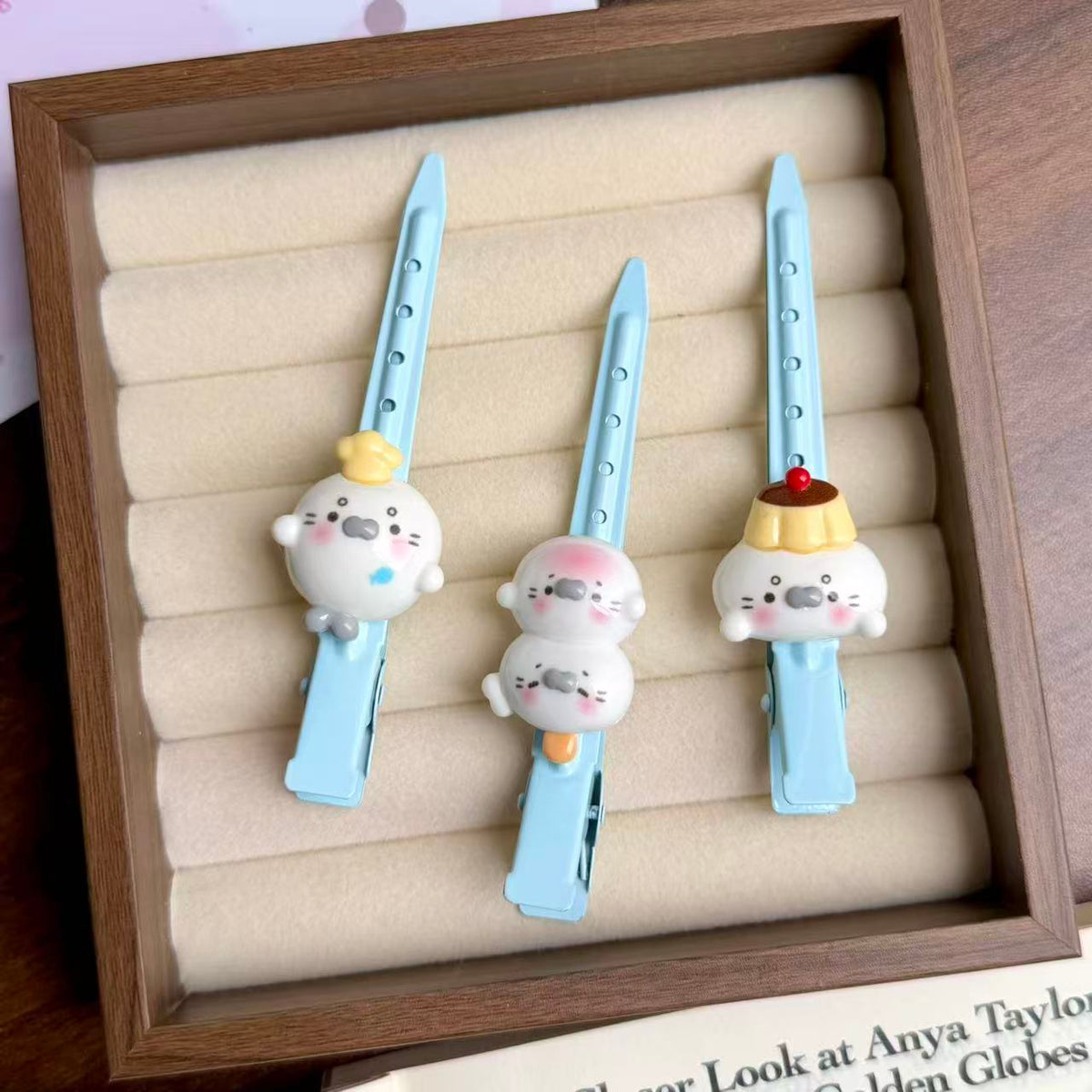 Cute Seal Cream Blue Hair Clips Set for Face Washing and Side Bangs