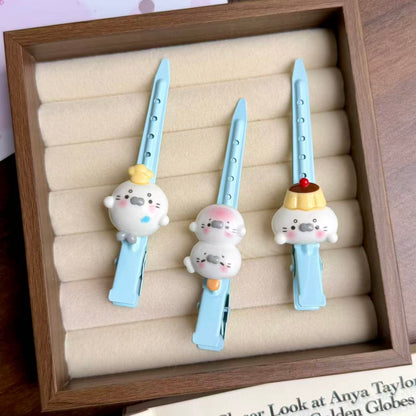 Cute Seal Cream Blue Hair Clips Set for Face Washing and Side Bangs