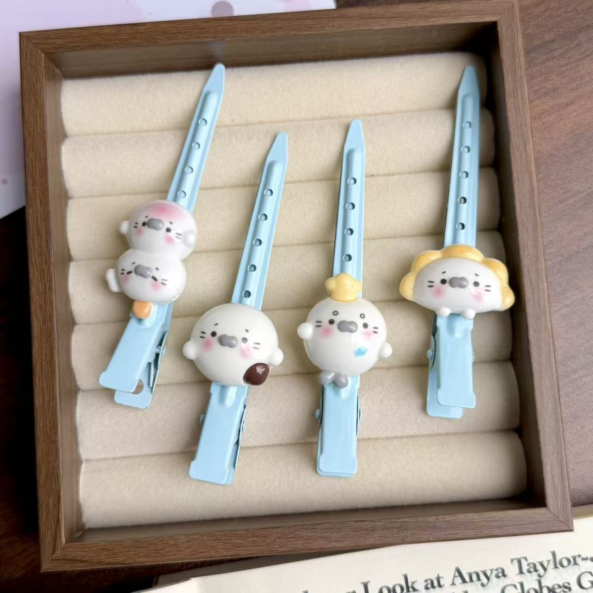 Cute Seal Cream Blue Hair Clips Set for Face Washing and Side Bangs