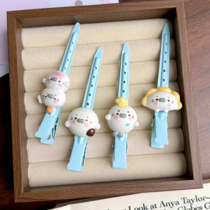 Cute Seal Cream Blue Hair Clips Set for Face Washing and Side Bangs