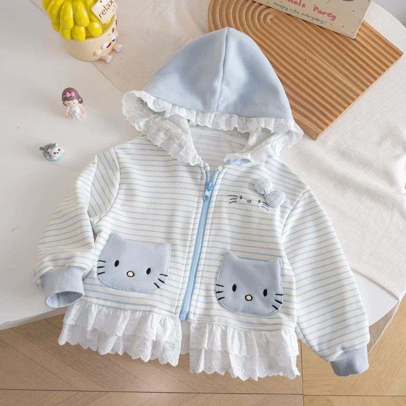 Kids' Striped Cat Hooded Cardigan with Lace Trim