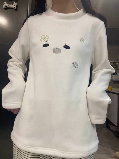 Cute Embroidered Fleece-Lined Thermal Long-Sleeve Top