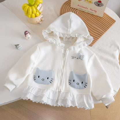 Kids' Striped Cat Hooded Cardigan with Lace Trim