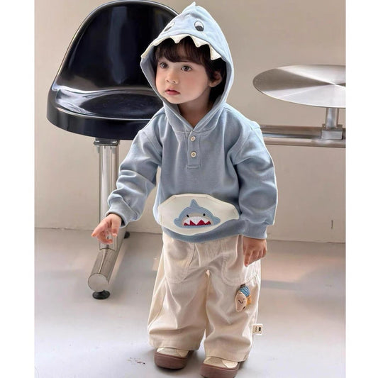 Boys' Shark Hoodie and Pants Set, Cute Cartoon Long-Sleeve Top with Beige Casual Pants, Fall Outfit