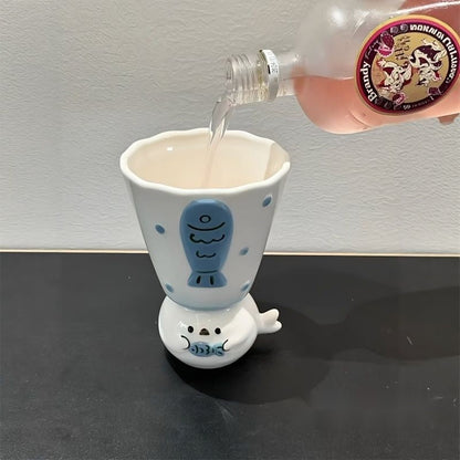 Cute Seal Ceramic Mug with Spoon, Creative Newlywed Birthday Gift