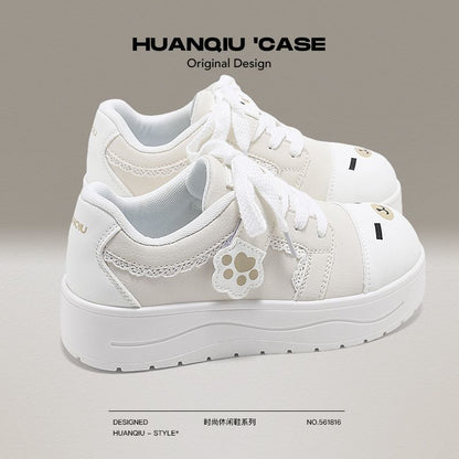 Cute Bear Paw White Sneakers with Hidden Height Increase Chunky Sole Casual Shoes