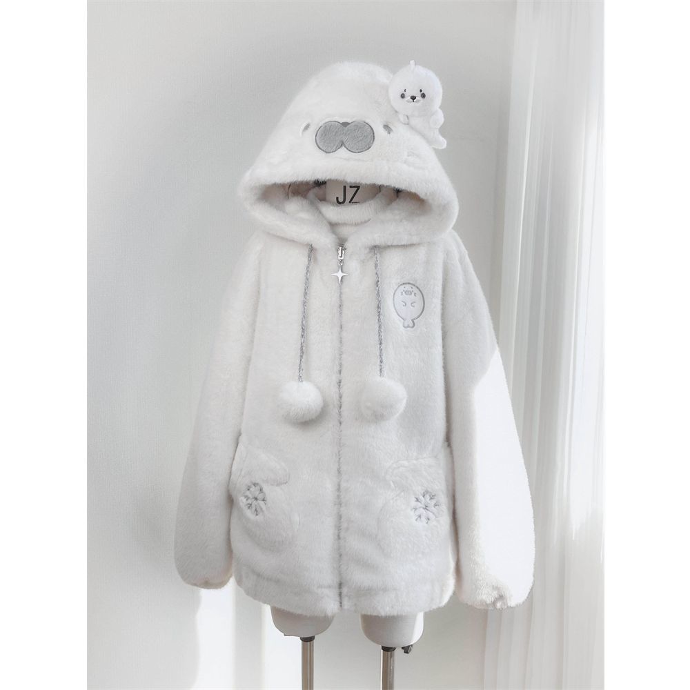 NASA Cute Seal Embroidery Fleece-Lined Jacket for Women, Winter Coat