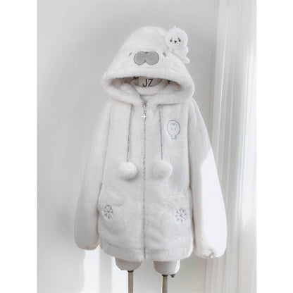 NASA Cute Seal Embroidery Fleece-Lined Jacket for Women, Winter Coat