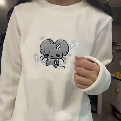 Cute Embroidered Fleece-Lined Thermal Long-Sleeve Top