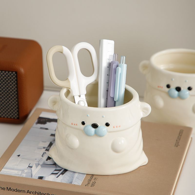 Cute Ceramic Seal Desk Organizer Pen Holder with Bag Design, Large Capacity for Makeup Brushes and Remote Controls
