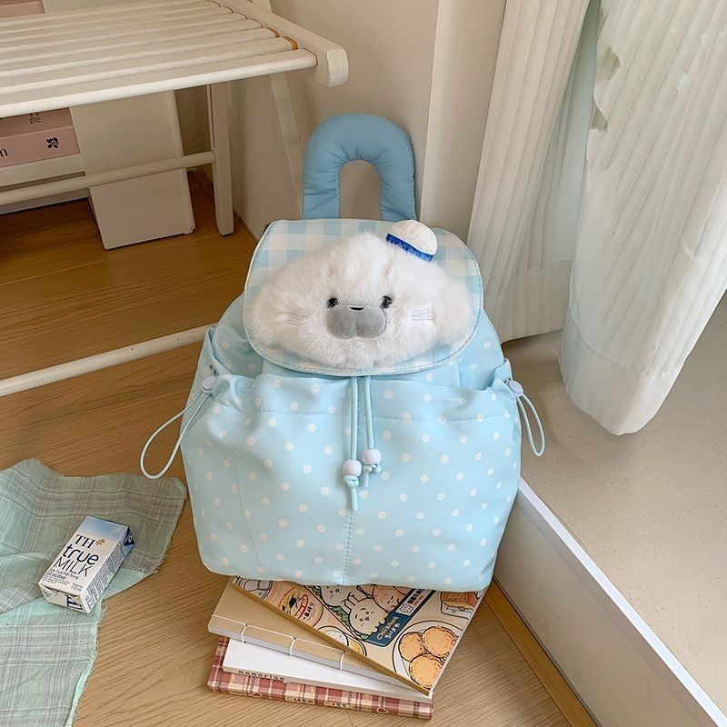 Seal Plaid Canvas Drawstring Backpack for Women, Students, and Commuters