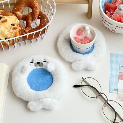 Cute Plush Seal Coaster Set, Heat-Resistant Cup Mat for Coffee & Tea, Cartoon Home Decor & Photo Prop
