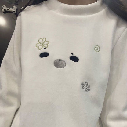 Cute Embroidered Fleece-Lined Thermal Long-Sleeve Top