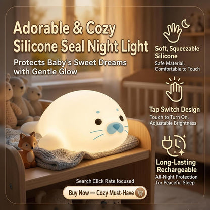 Eye Nurse LED Touch Night Light with Cute Seal Design, Dimmable Bedside Lamp for Baby and Gift