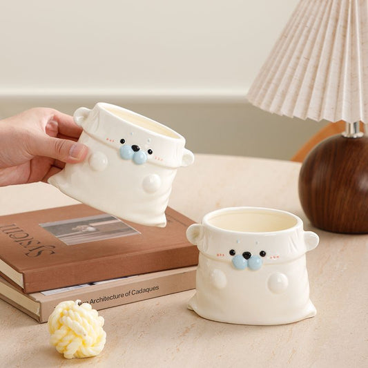 Cute Ceramic Seal Desk Organizer Pen Holder with Bag Design, Large Capacity for Makeup Brushes and Remote Controls
