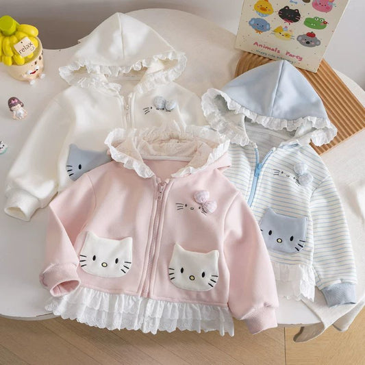 Kids' Striped Cat Hooded Cardigan with Lace Trim