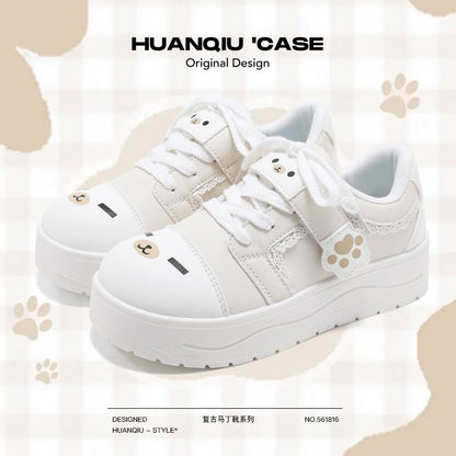 Cute Smiley Doodle White Sneakers with Chunky Platform Sole
