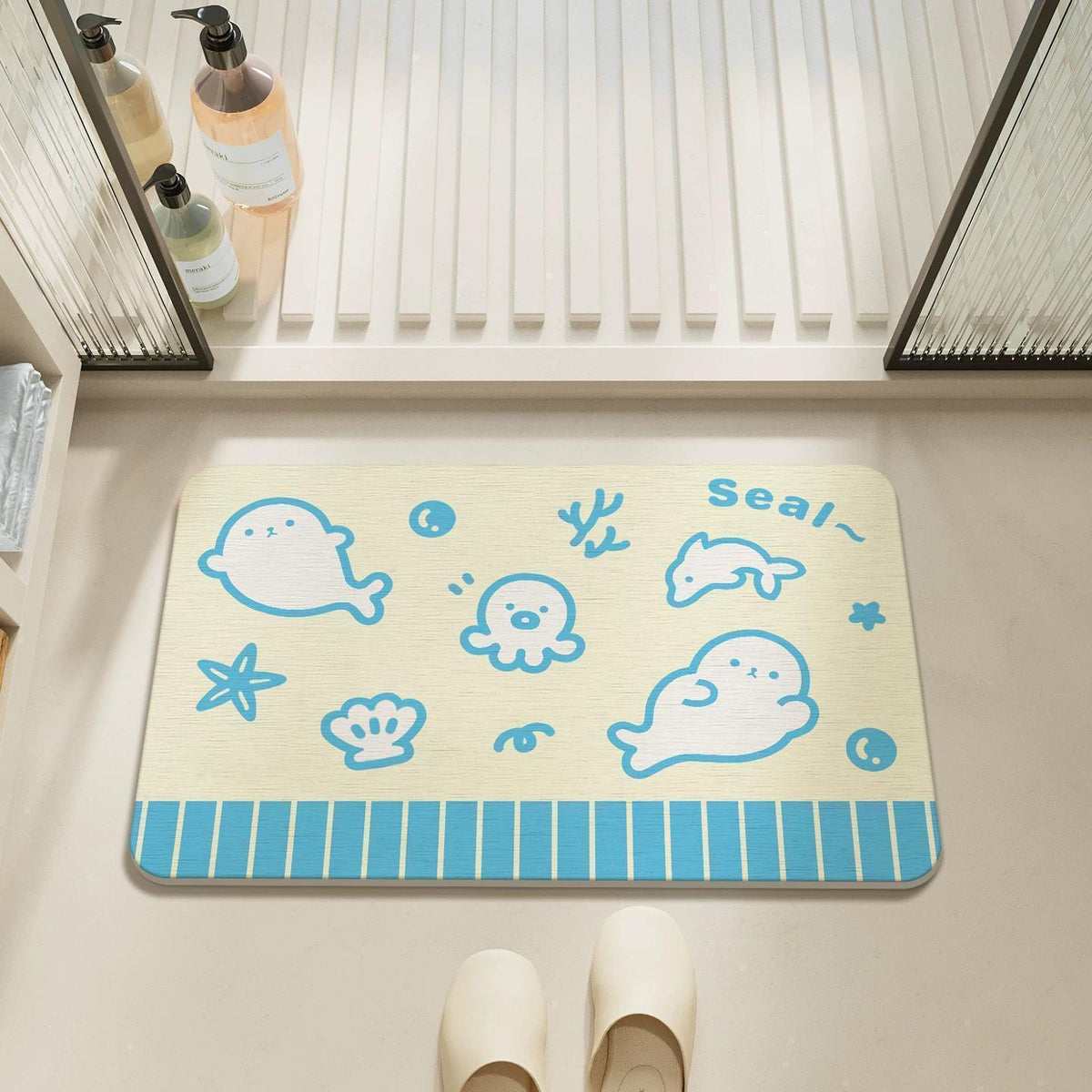 Cute Cartoon Seal Bathroom Mat, Quick-Dry Absorbent Non-Slip Floor Mat for Entryway and Toilet
