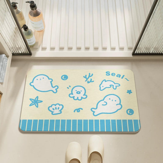Cute Cartoon Seal Bathroom Mat, Quick-Dry Absorbent Non-Slip Floor Mat for Entryway and Toilet