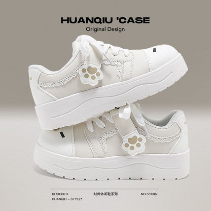 Cute Bear Paw White Sneakers with Hidden Height Increase Chunky Sole Casual Shoes