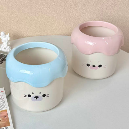 Cute Seal Face Desktop Trash Can, Round Mini Wastebasket for Desk, Office, Dorm