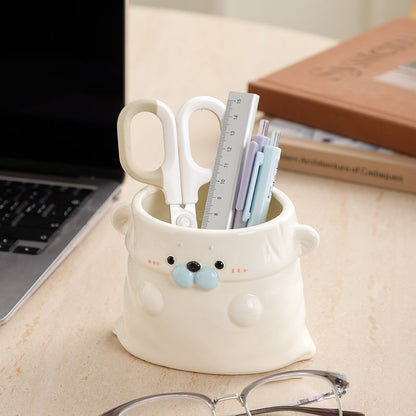 Cute Ceramic Seal Desk Organizer Pen Holder with Bag Design, Large Capacity for Makeup Brushes and Remote Controls
