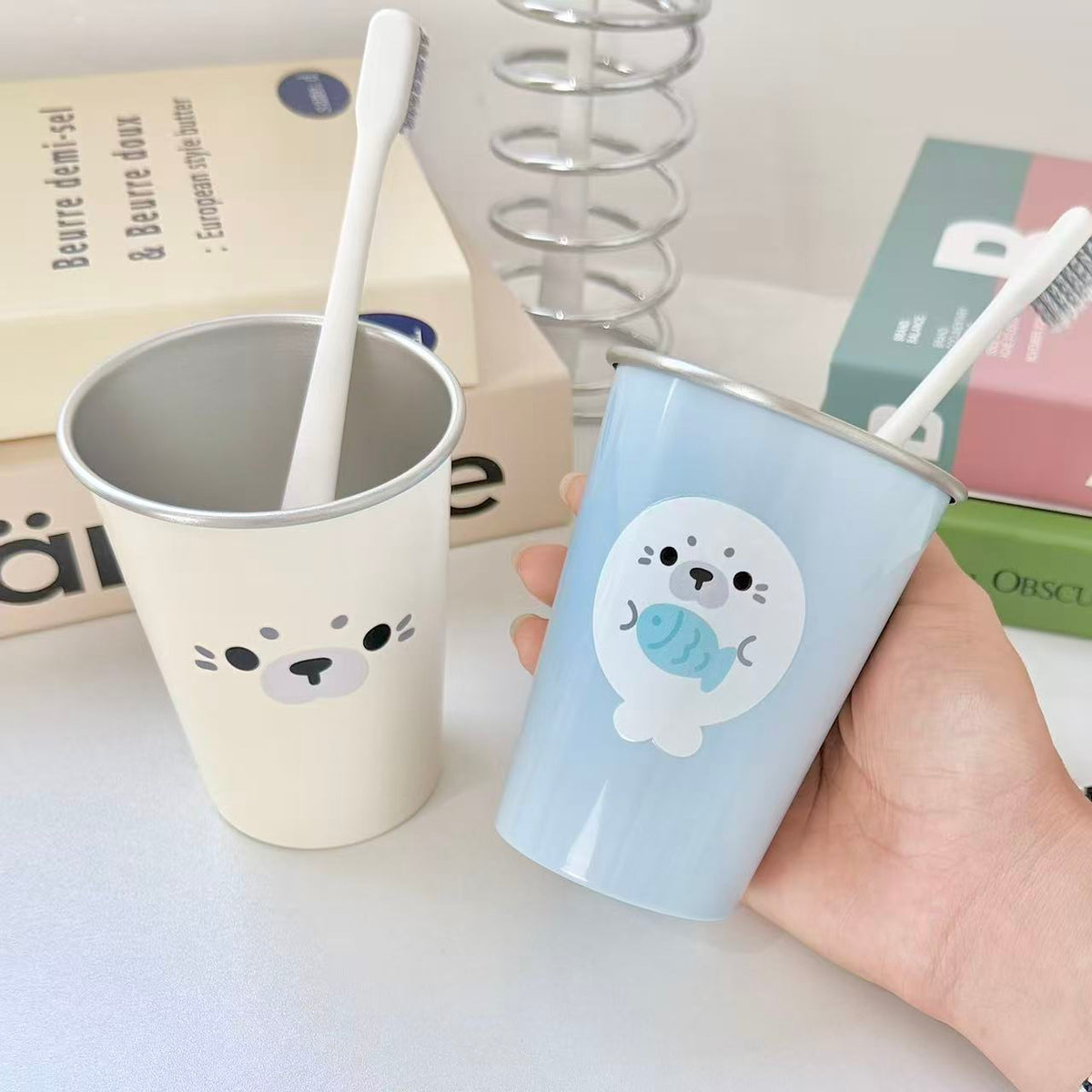 Cute Cartoon Seal 304 Stainless Steel Mouthwash Cup for Students Dorm Bathroom