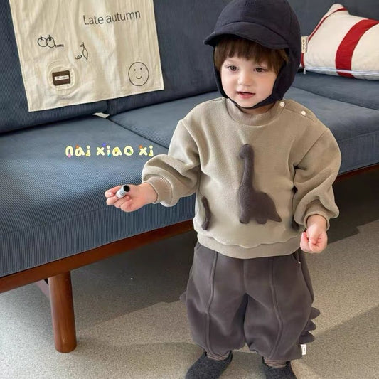 Cartoon Dinosaur Fleece Hoodie and Pants Set for Baby Boys, Winter Warm Outfit