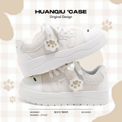 Cute Smiley Doodle White Sneakers with Chunky Platform Sole