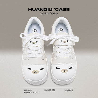 Cute Bear Paw White Sneakers with Hidden Height Increase Chunky Sole Casual Shoes
