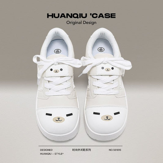 Cute Bear Paw White Sneakers with Hidden Height Increase Chunky Sole Casual Shoes
